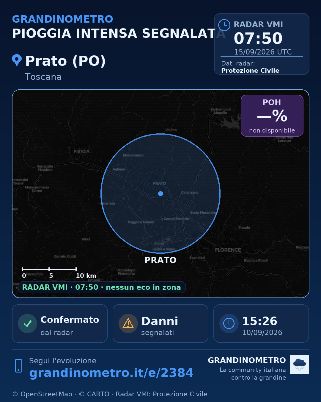 Mappa dell'evento: pioggia intensa a Prato (PO)