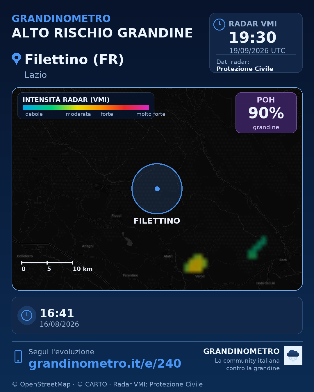 Mappa dell'evento: grandine a Filettino (FR)