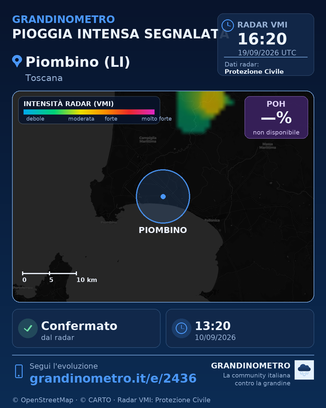 Mappa dell'evento: pioggia intensa a Piombino (LI)