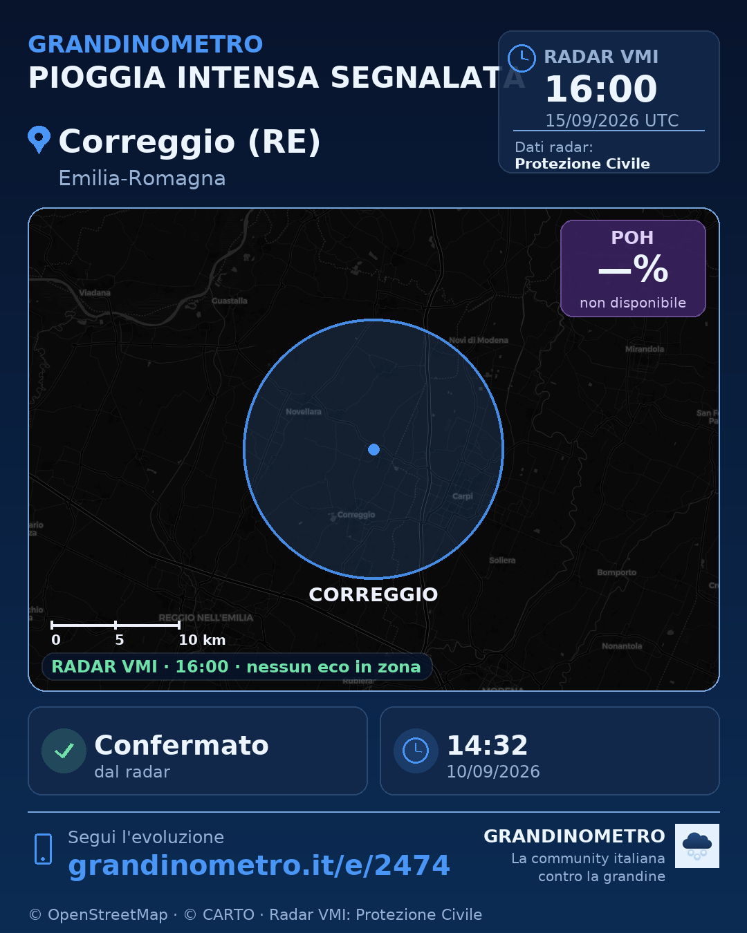 Mappa dell'evento: pioggia intensa a Correggio (RE)