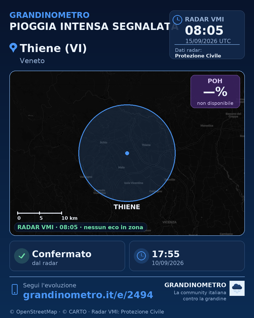 Mappa dell'evento: pioggia intensa a Thiene (VI)