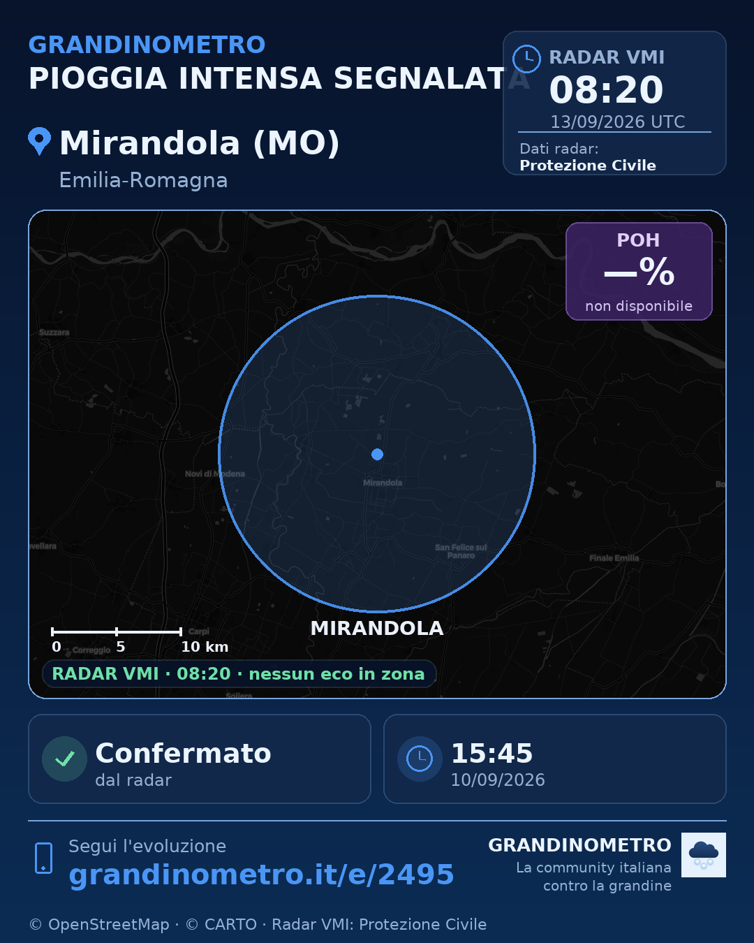 Mappa dell'evento: pioggia intensa a Mirandola (MO)