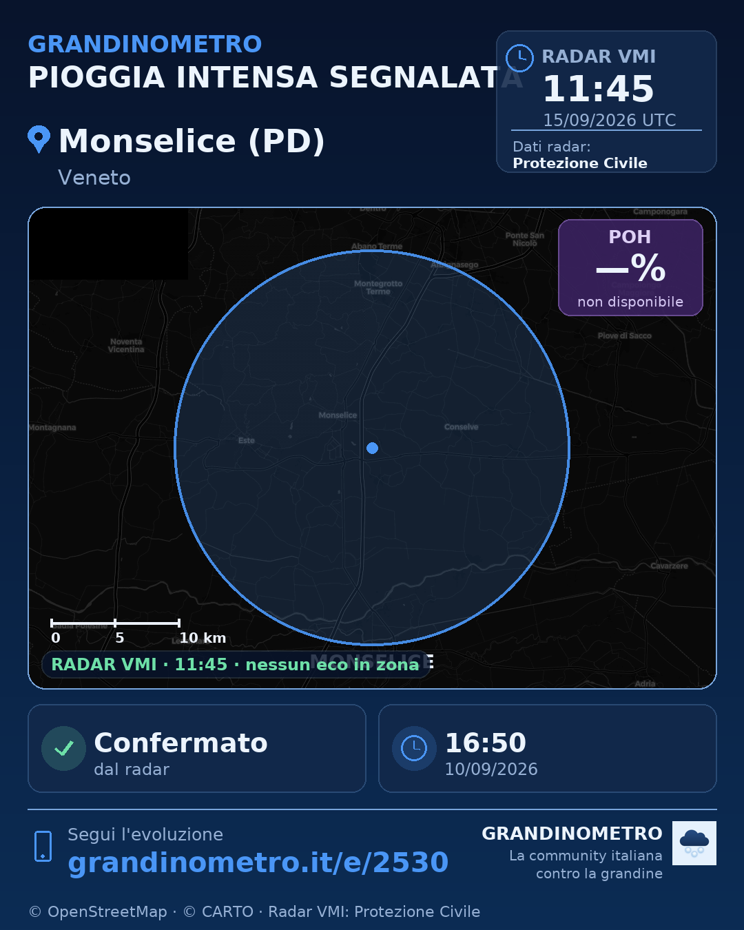 Mappa dell'evento: pioggia intensa a Monselice (PD)