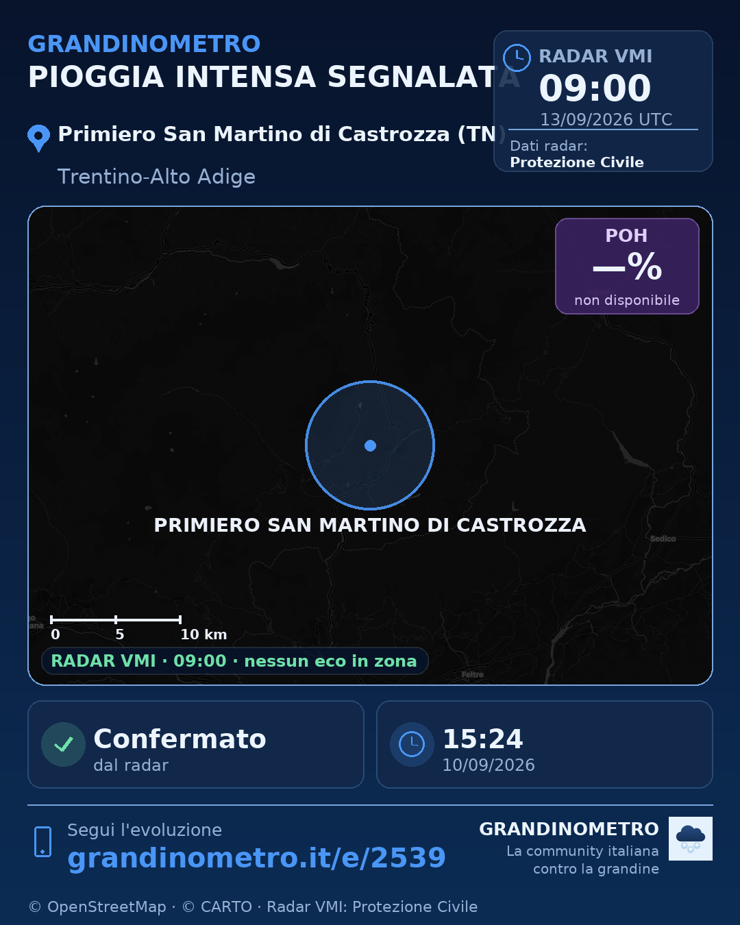 Mappa dell'evento: pioggia intensa a Primiero San Martino di Castrozza (TN)