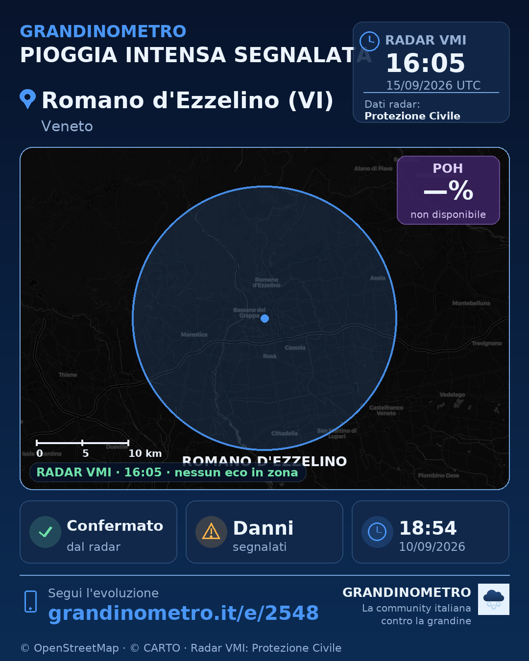 Mappa dell'evento: pioggia intensa a Romano d'Ezzelino (VI)