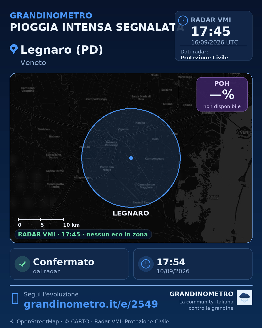 Mappa dell'evento: pioggia intensa a Legnaro (PD)