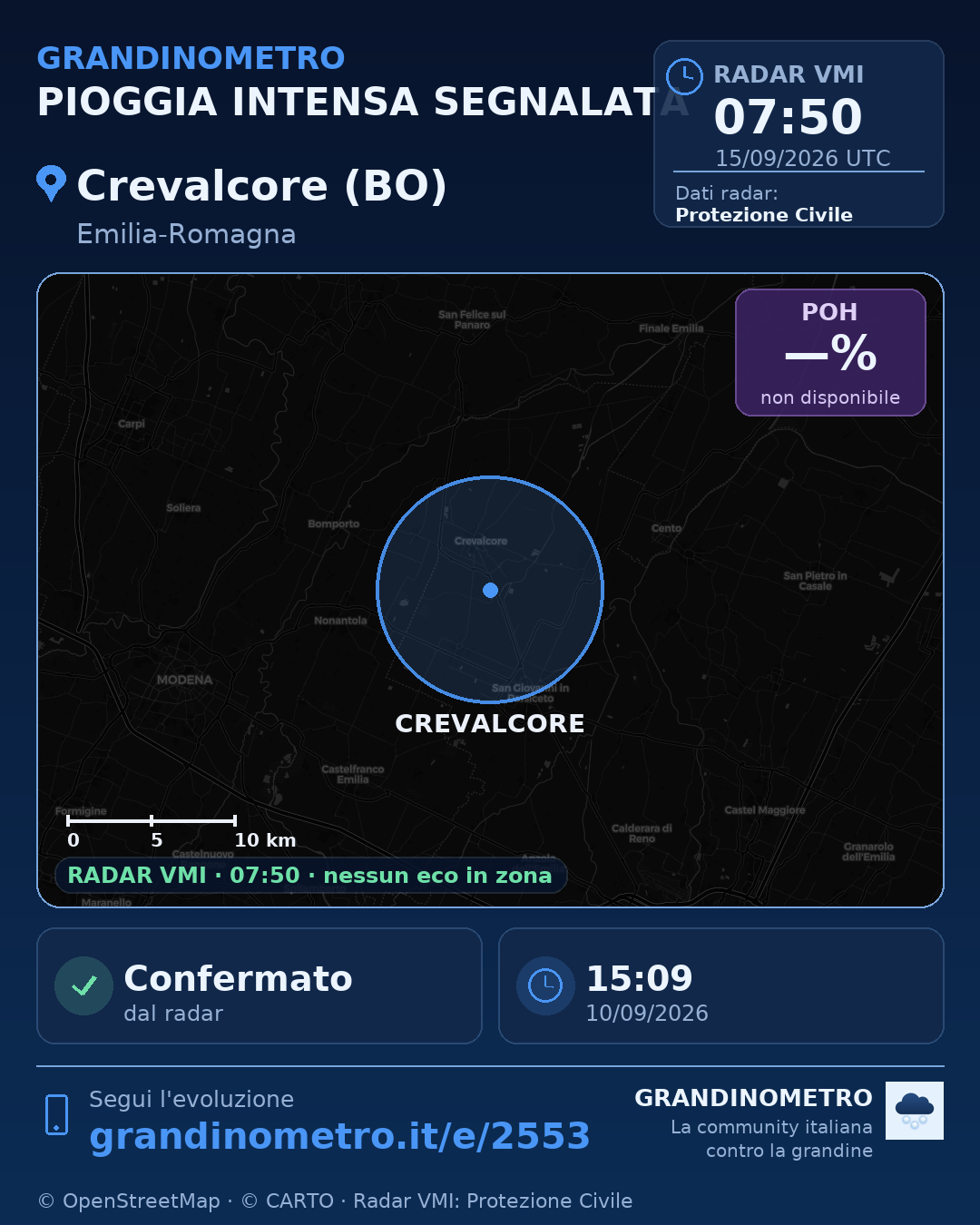 Mappa dell'evento: pioggia intensa a Crevalcore (BO)