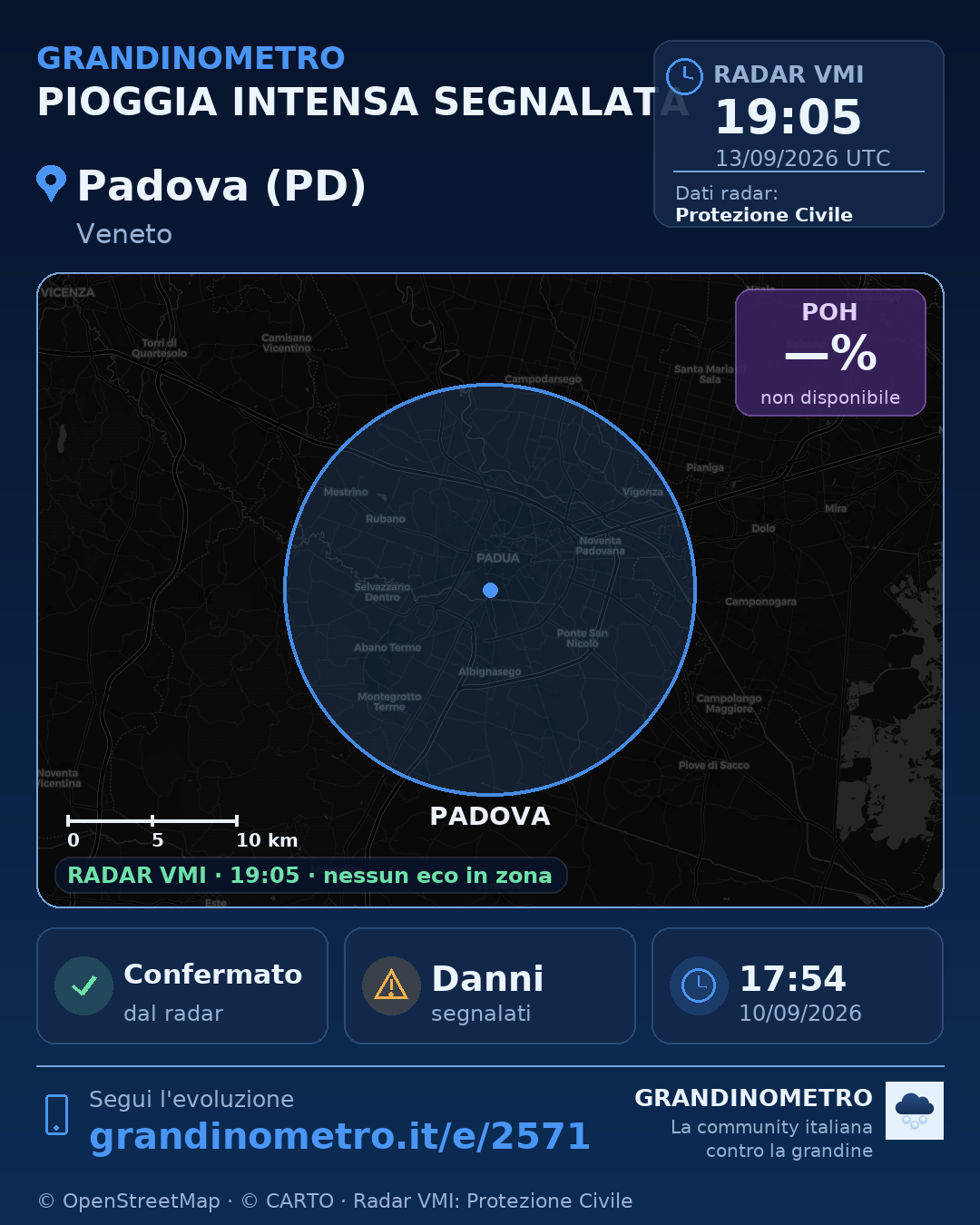 Mappa dell'evento: pioggia intensa a Padova (PD)