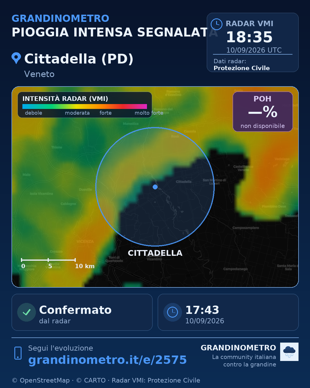 Mappa dell'evento: pioggia intensa a Cittadella (PD)