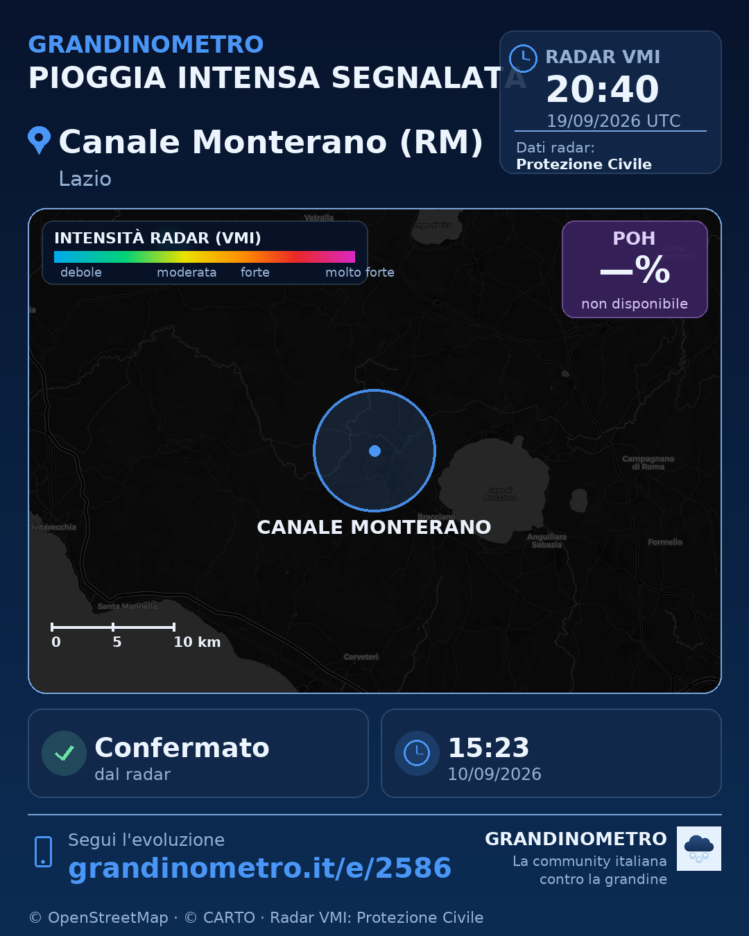 Mappa dell'evento: pioggia intensa a Canale Monterano (RM)