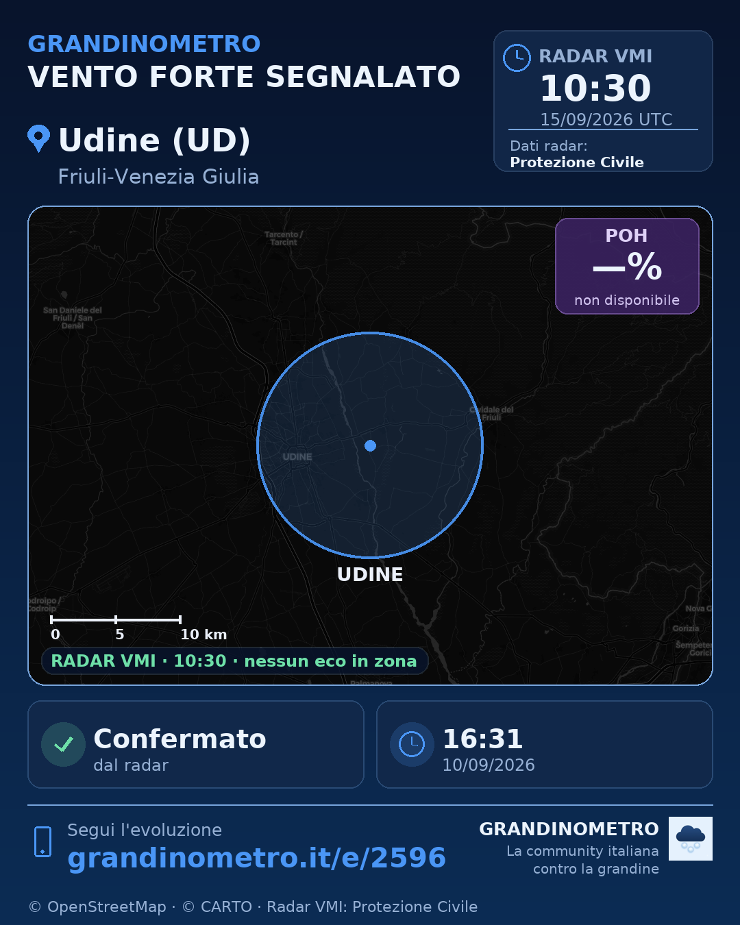 Mappa dell'evento: vento forte a Udine (UD)