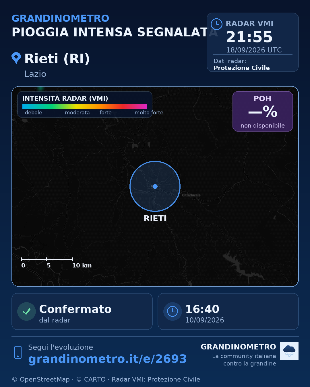 Mappa dell'evento: pioggia intensa a Rieti (RI)