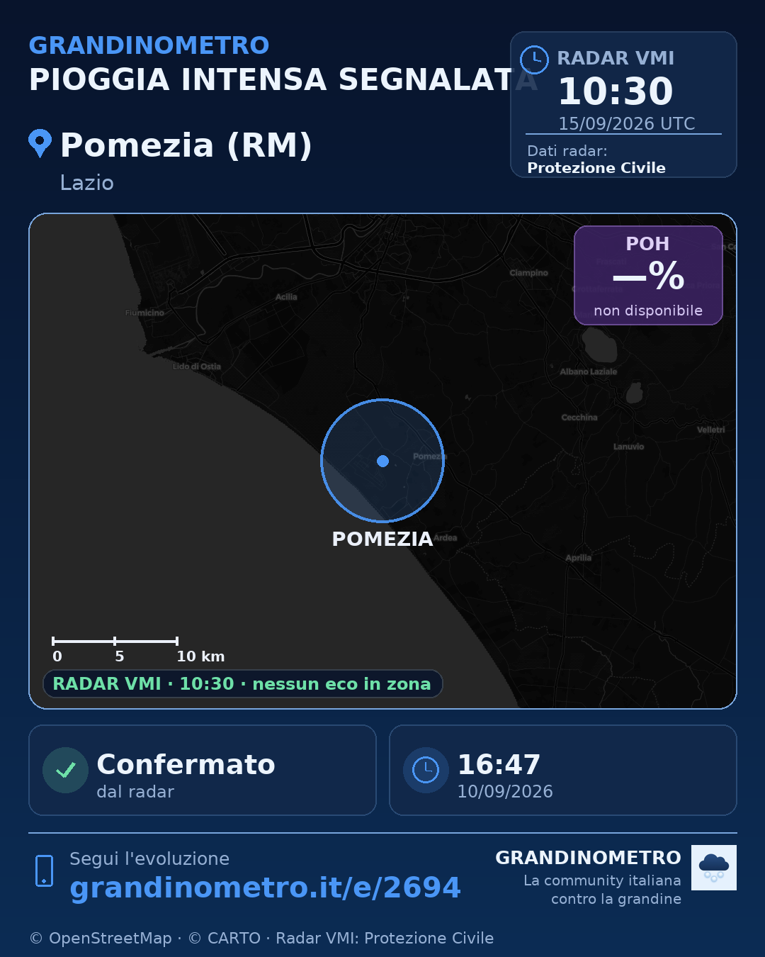 Mappa dell'evento: pioggia intensa a Pomezia (RM)
