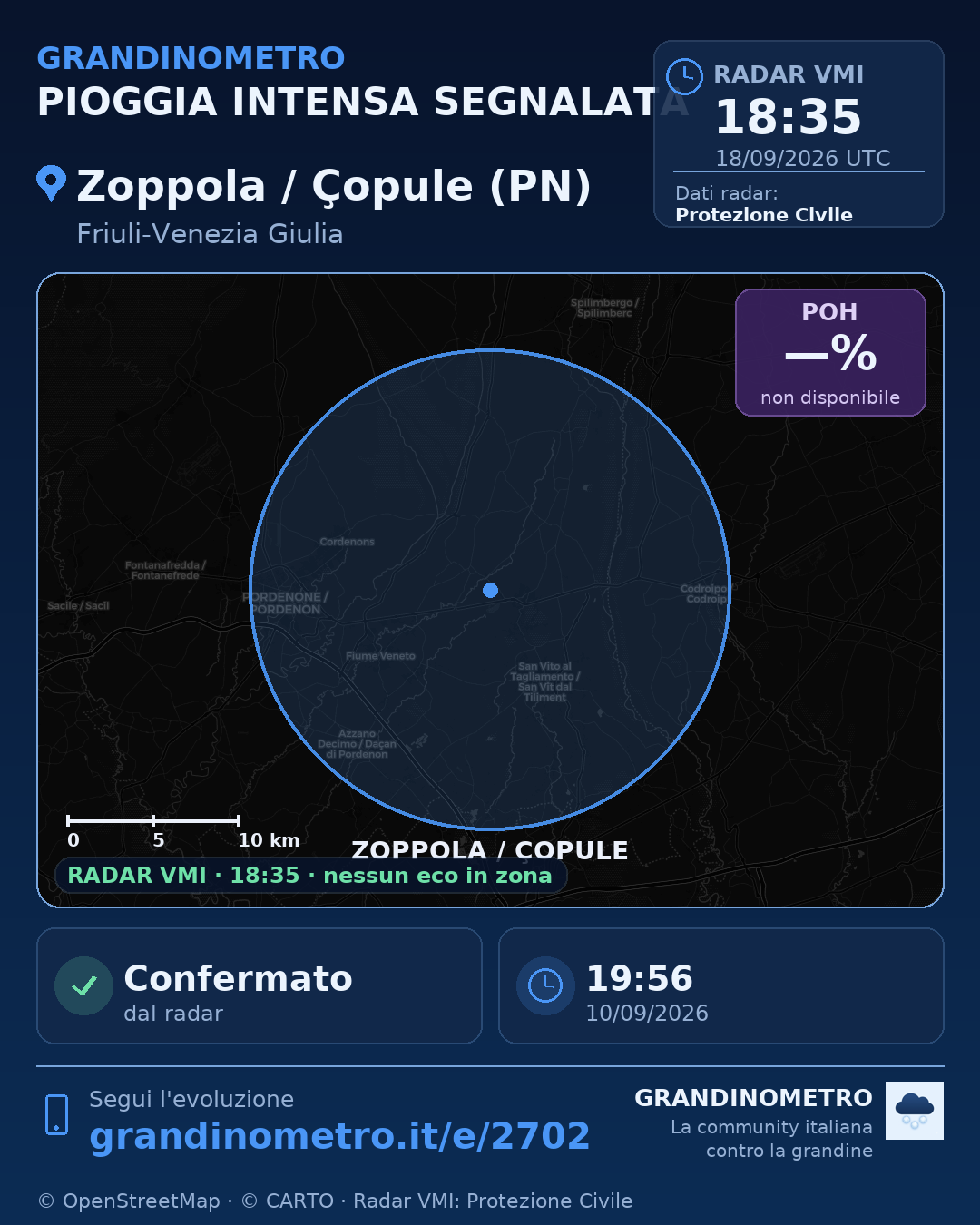 Mappa dell'evento: pioggia intensa a Zoppola / Çopule (PN)