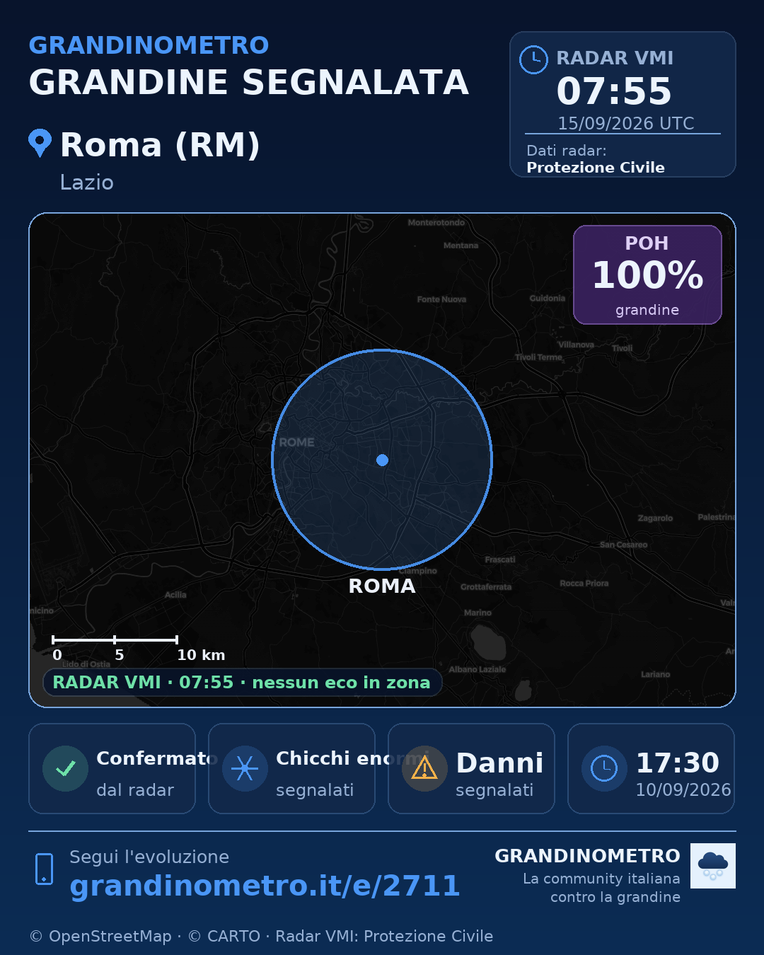 Mappa dell'evento: grandine a Roma (RM)