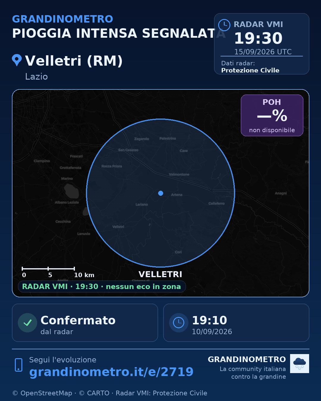 Mappa dell'evento: pioggia intensa a Velletri (RM)