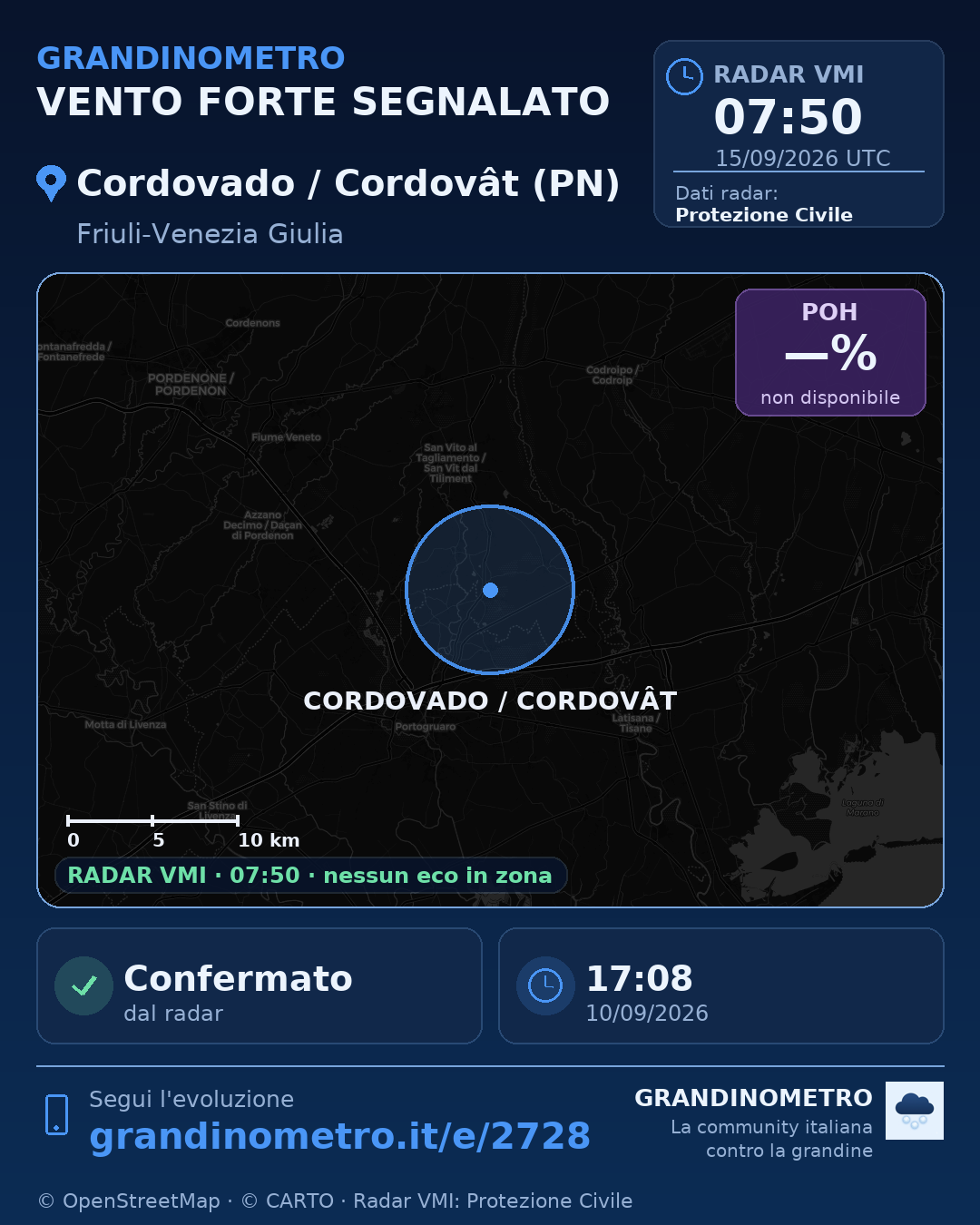 Mappa dell'evento: vento forte a Cordovado / Cordovât (PN)