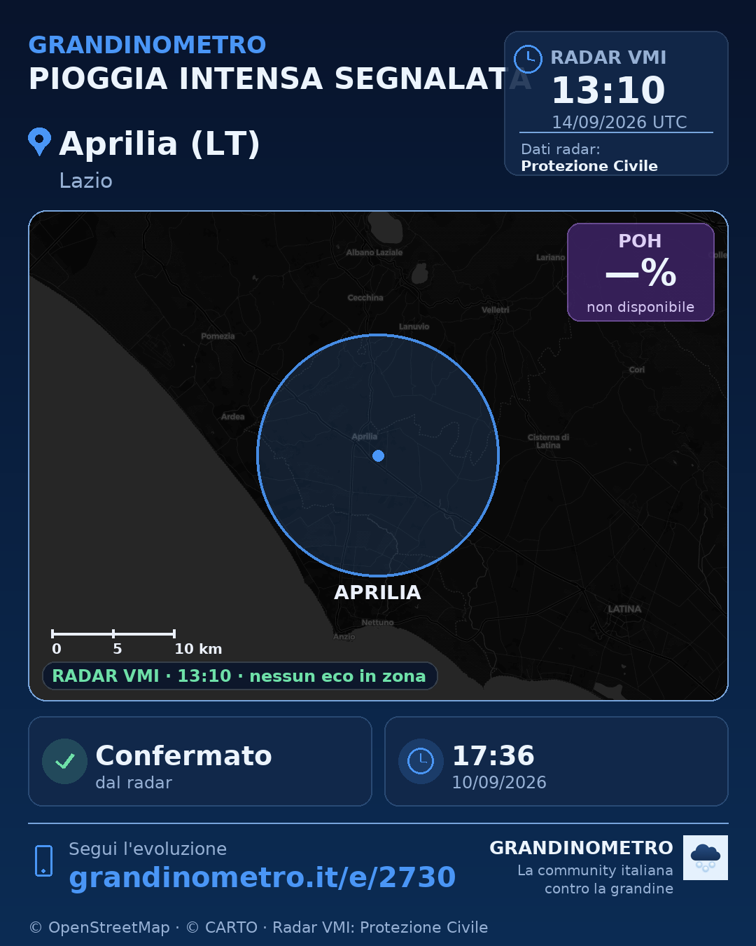 Mappa dell'evento: pioggia intensa ad Aprilia (LT)