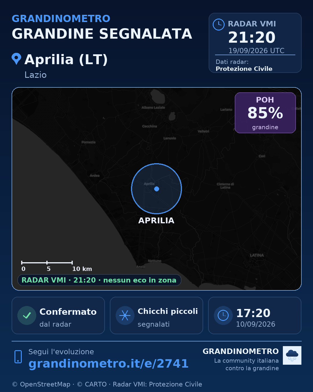 Mappa dell'evento: grandine ad Aprilia (LT)