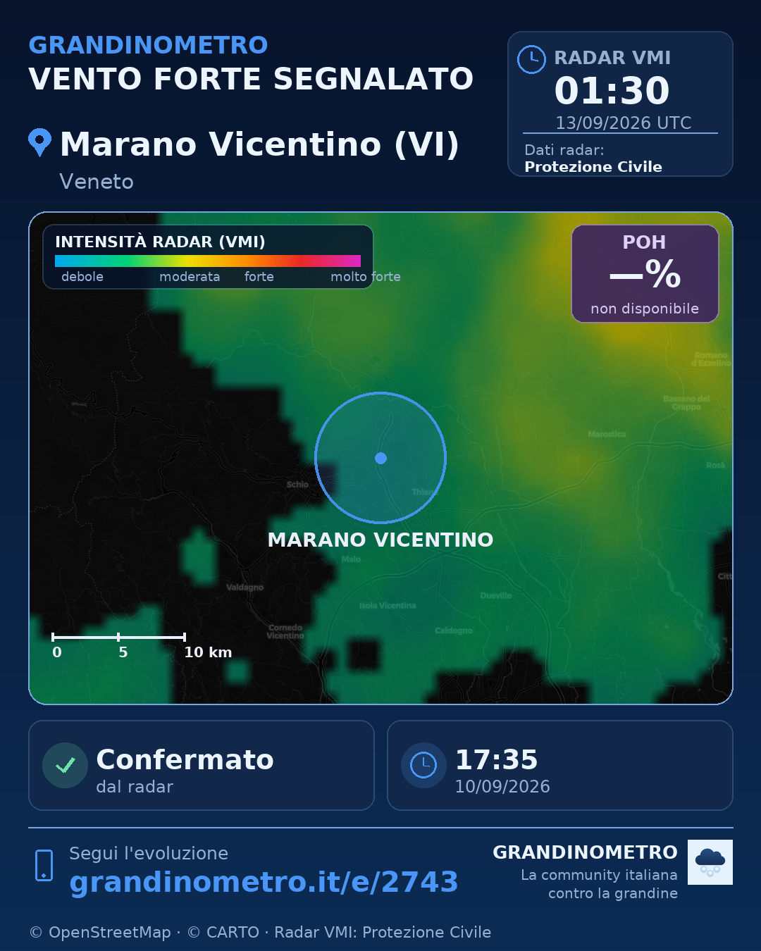 Mappa dell'evento: vento forte a Marano Vicentino (VI)
