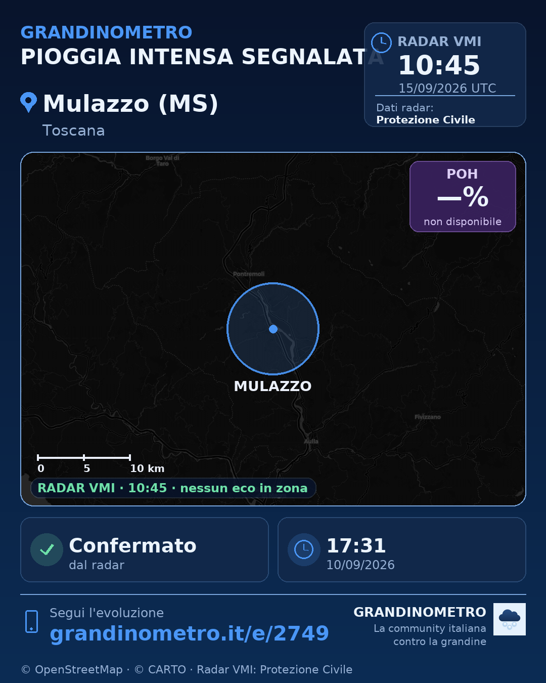 Mappa dell'evento: pioggia intensa a Mulazzo (MS)