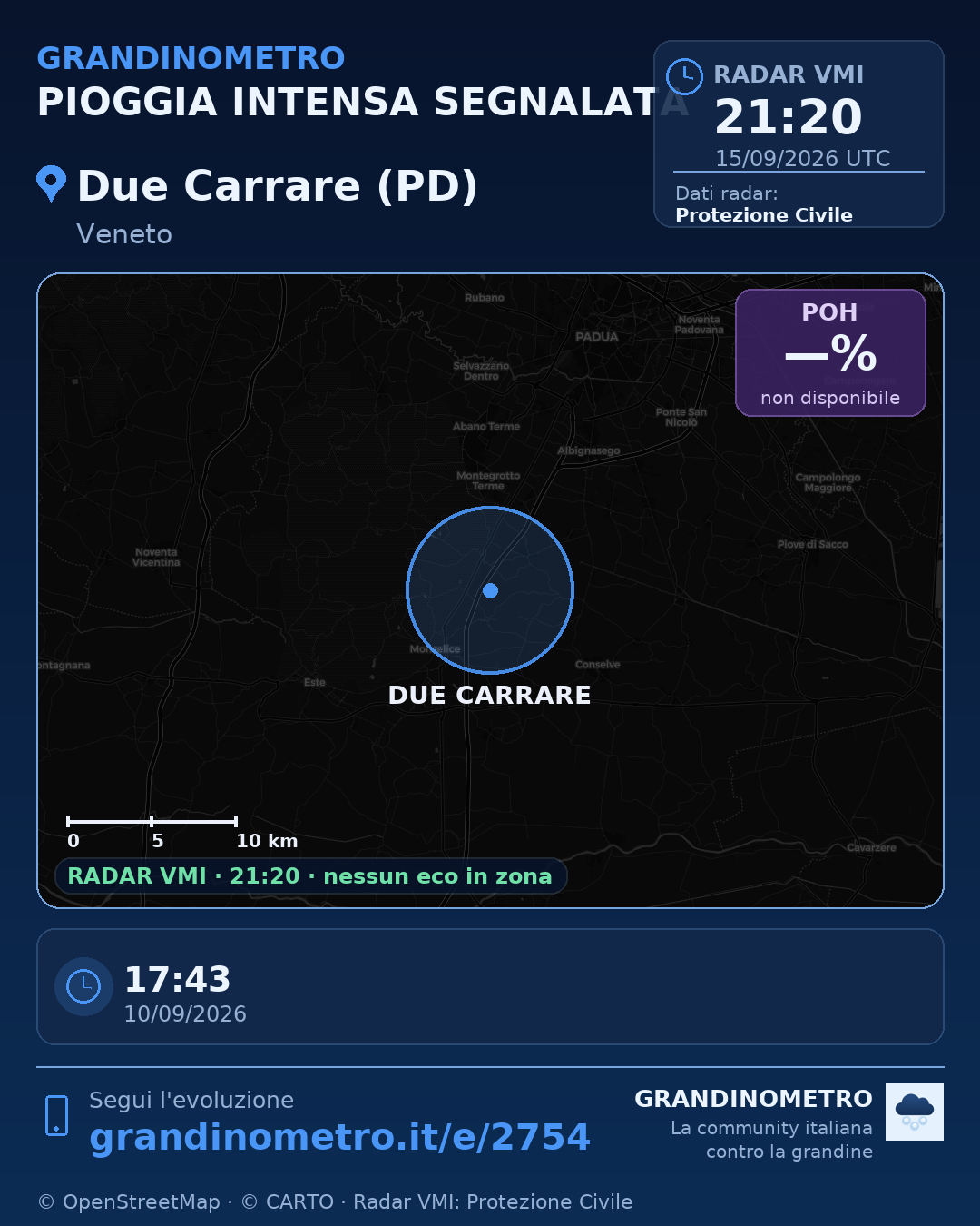 Mappa dell'evento: pioggia intensa a Due Carrare (PD)