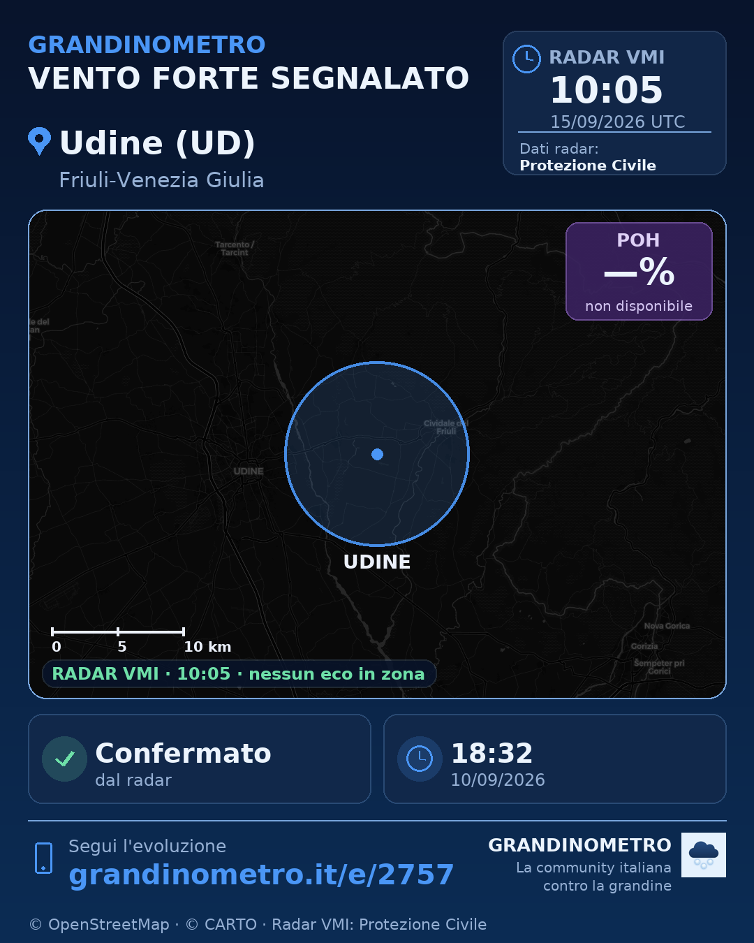 Mappa dell'evento: vento forte a Udine (UD)