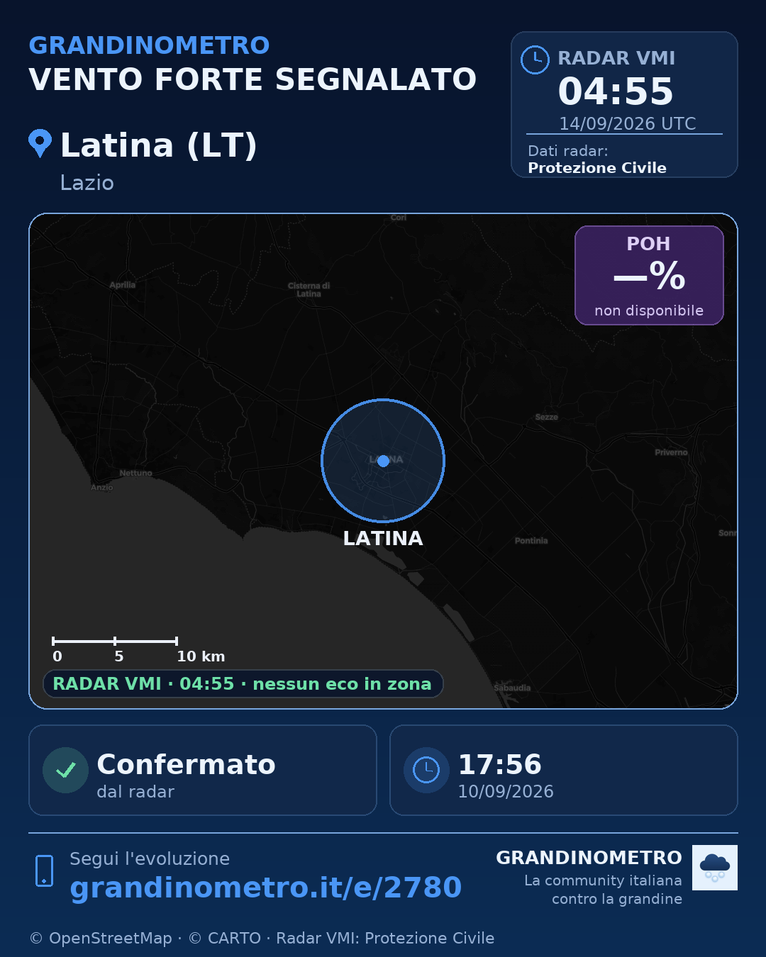 Mappa dell'evento: vento forte a Latina (LT)