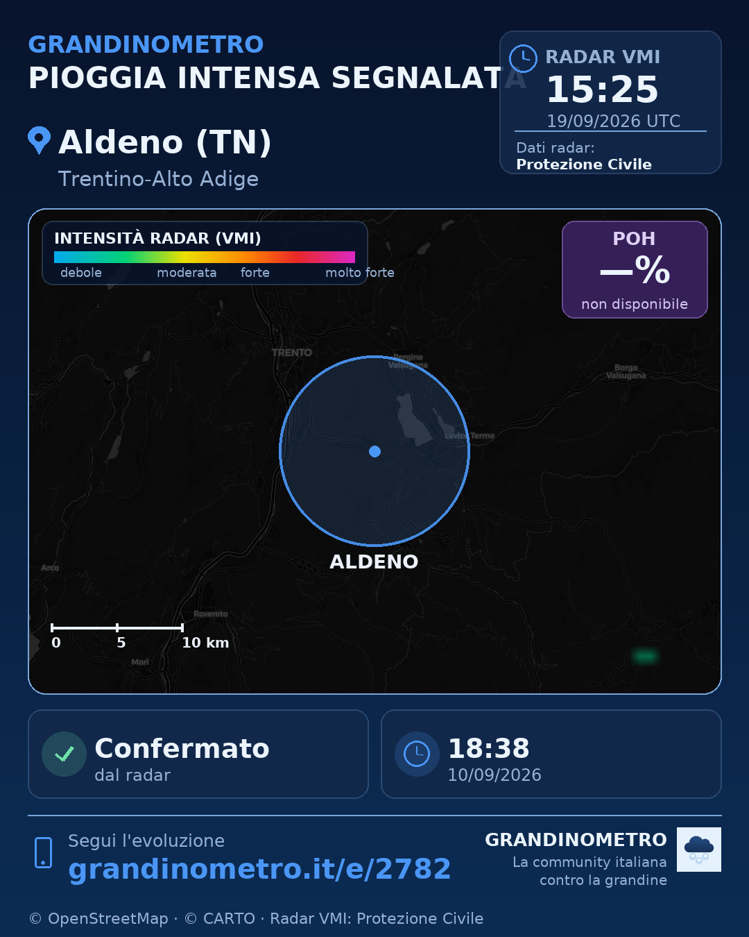 Mappa dell'evento: pioggia intensa ad Aldeno (TN)