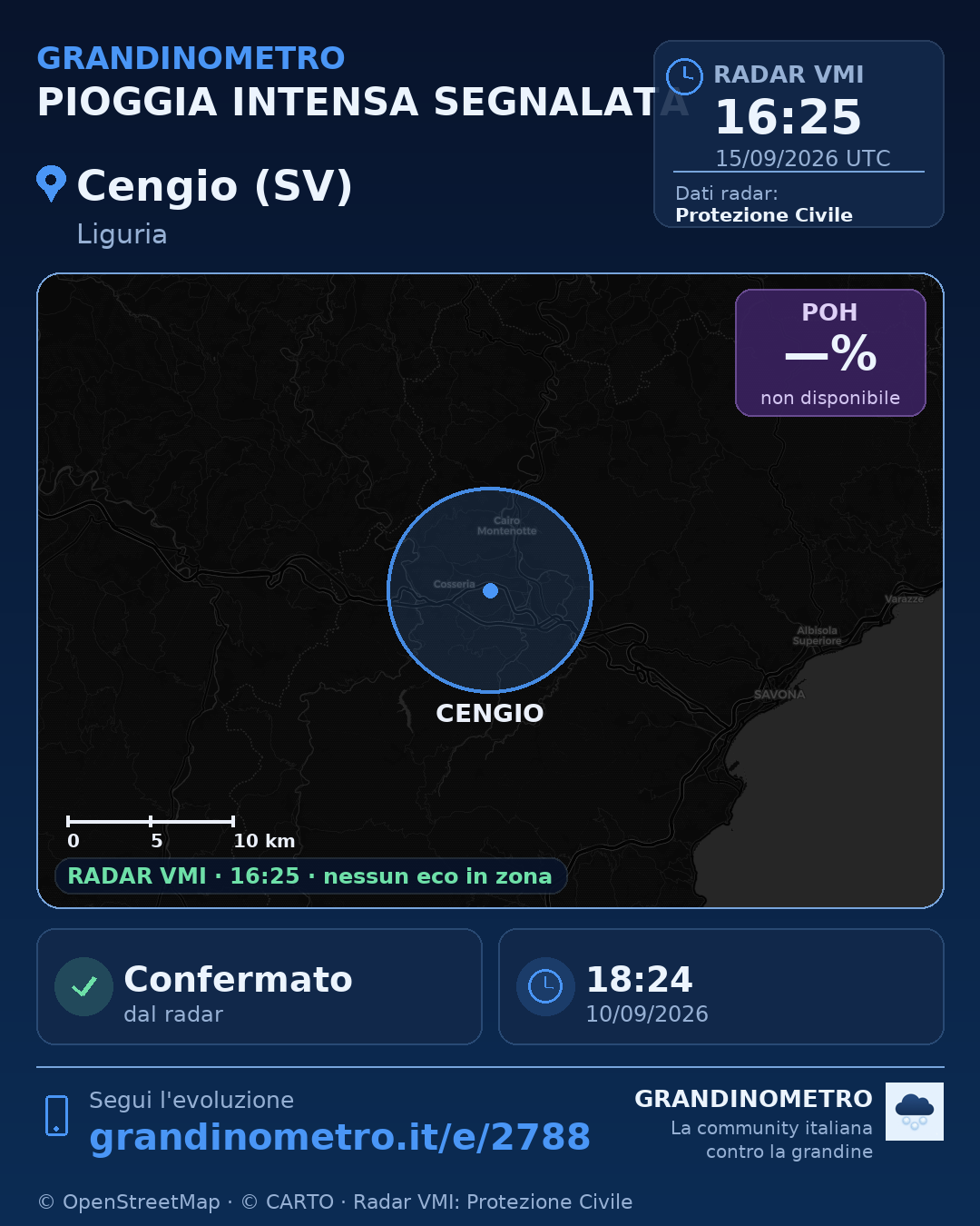 Mappa dell'evento: pioggia intensa a Cengio (SV)