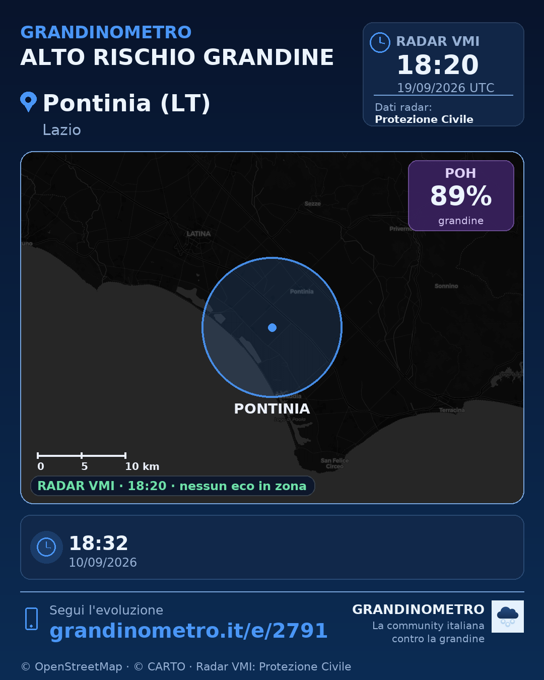 Mappa dell'evento: grandine a Pontinia (LT)