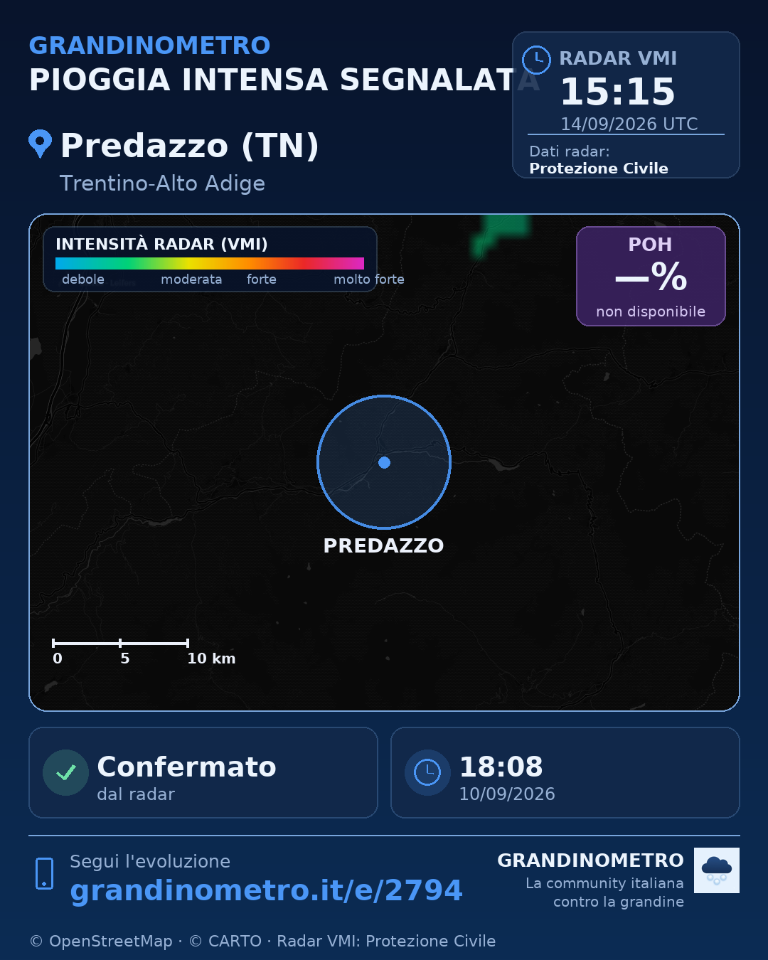 Mappa dell'evento: pioggia intensa a Predazzo (TN)
