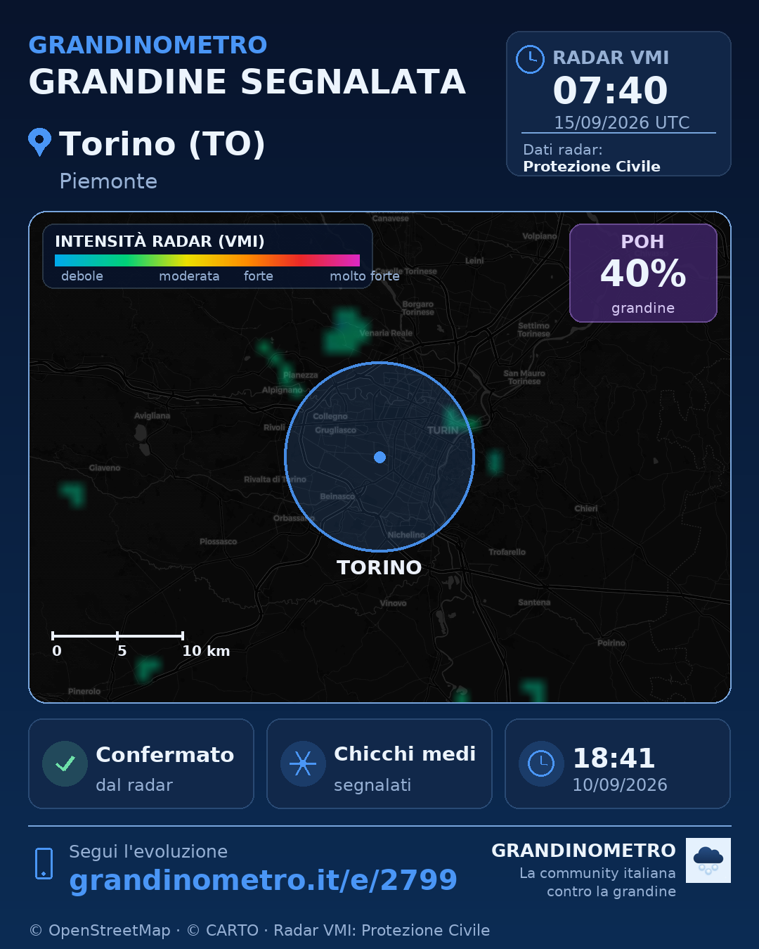Mappa dell'evento: grandine a Torino (TO)