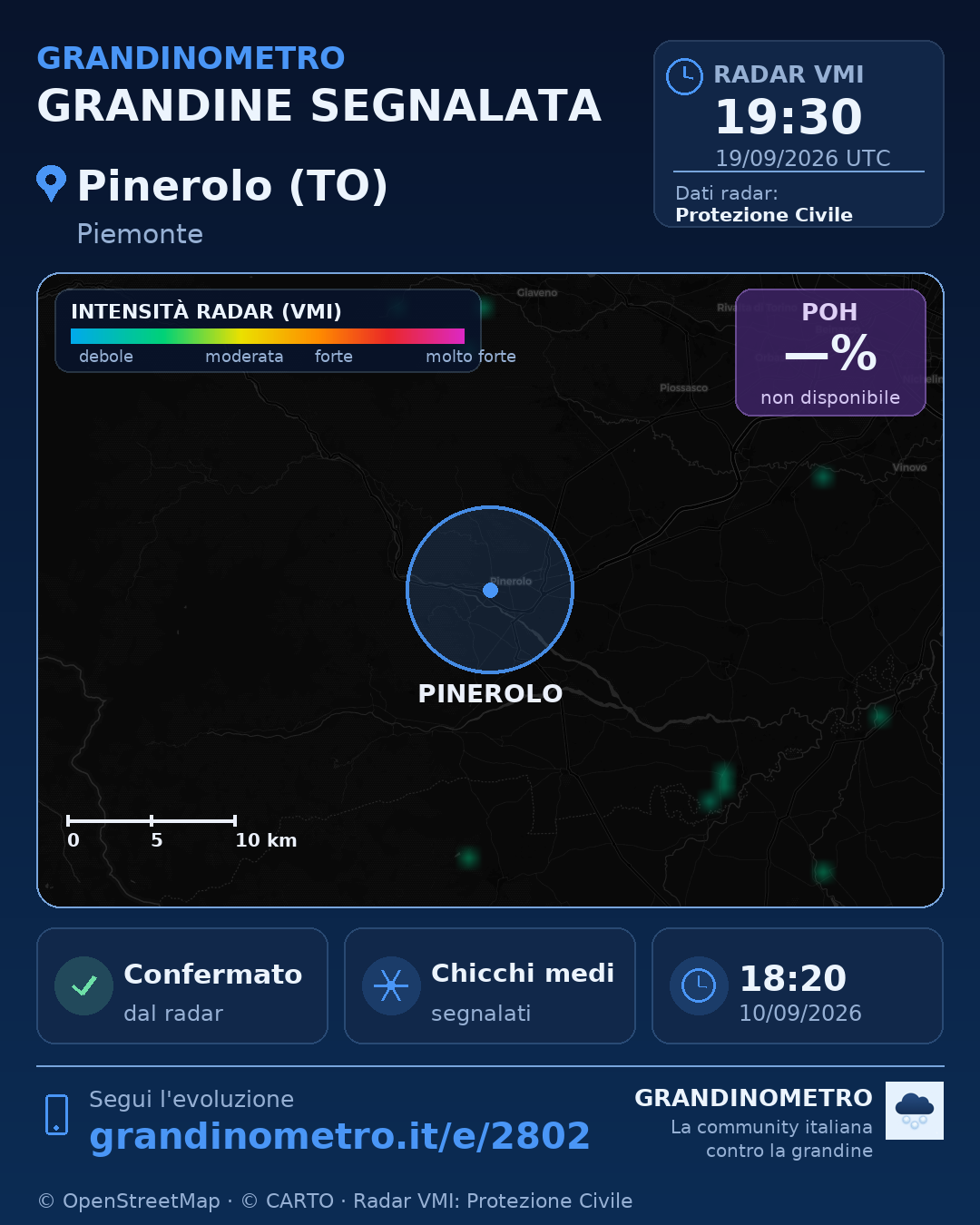 Mappa dell'evento: grandine a Pinerolo (TO)