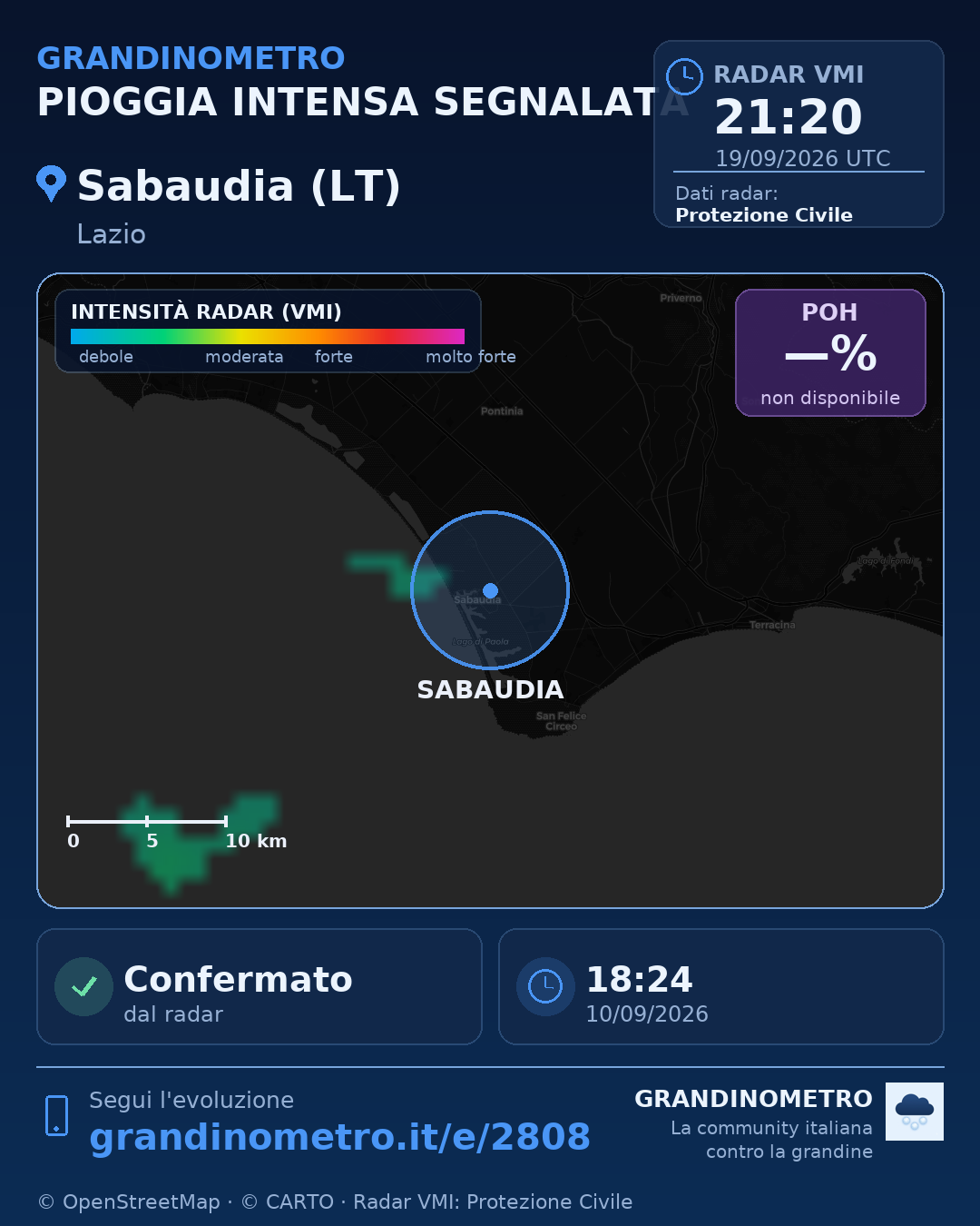 Mappa dell'evento: pioggia intensa a Sabaudia (LT)