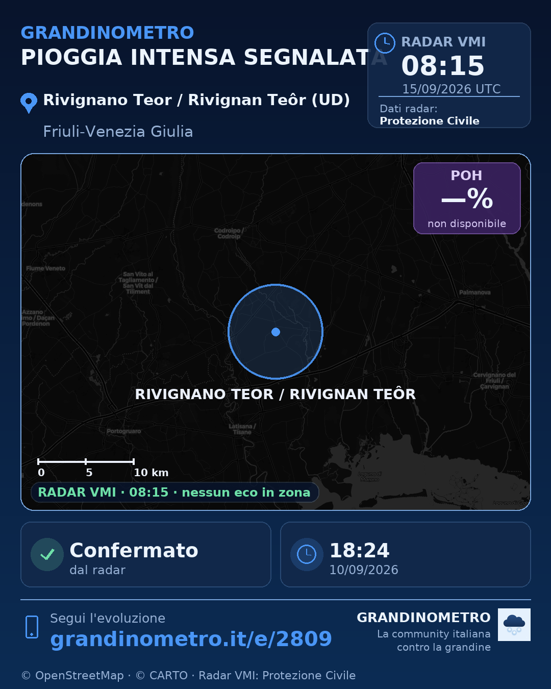 Mappa dell'evento: pioggia intensa a Rivignano Teor / Rivignan Teôr (UD)