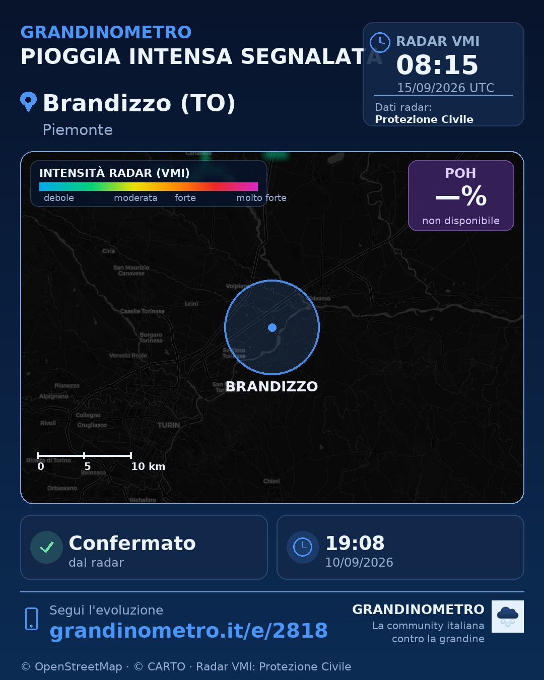Mappa dell'evento: pioggia intensa a Brandizzo (TO)
