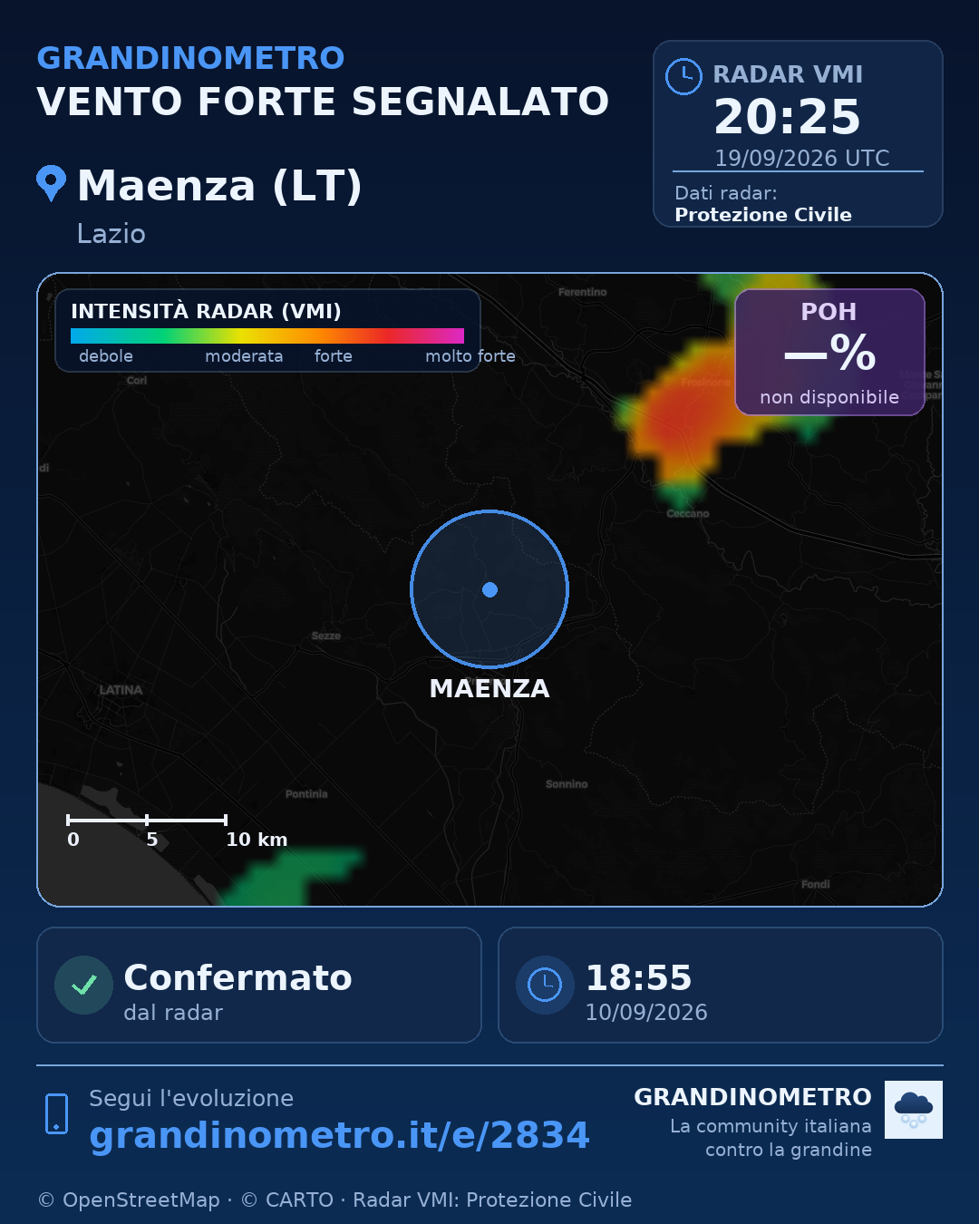 Mappa dell'evento: vento forte a Maenza (LT)