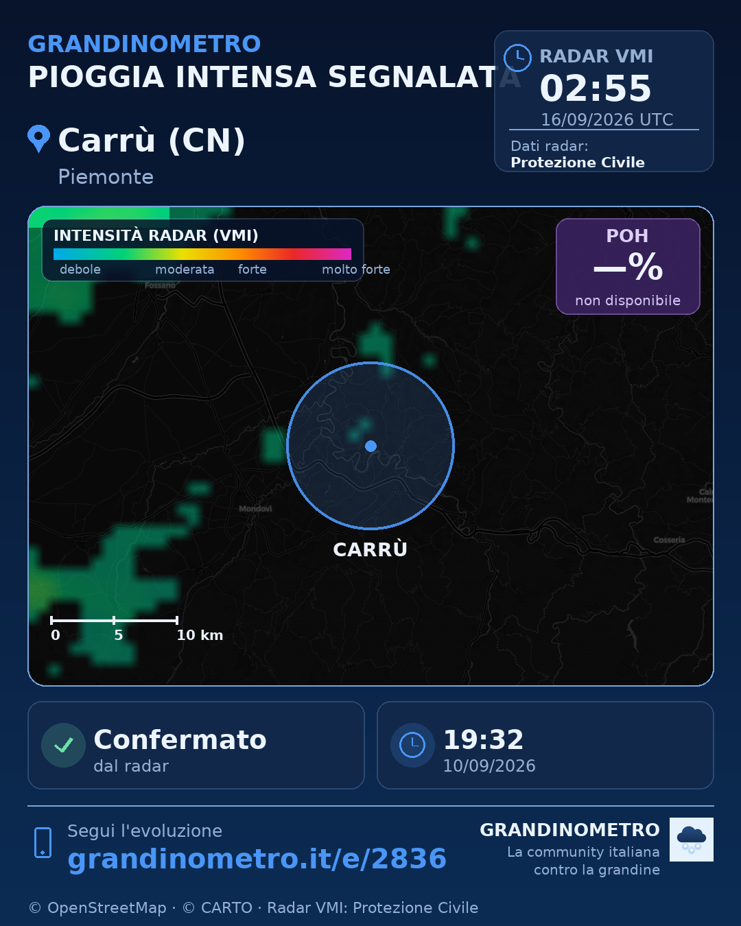 Mappa dell'evento: pioggia intensa a Carrù (CN)