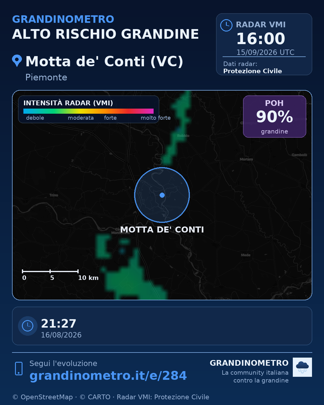 Mappa dell'evento: grandine a Motta de' Conti (VC)