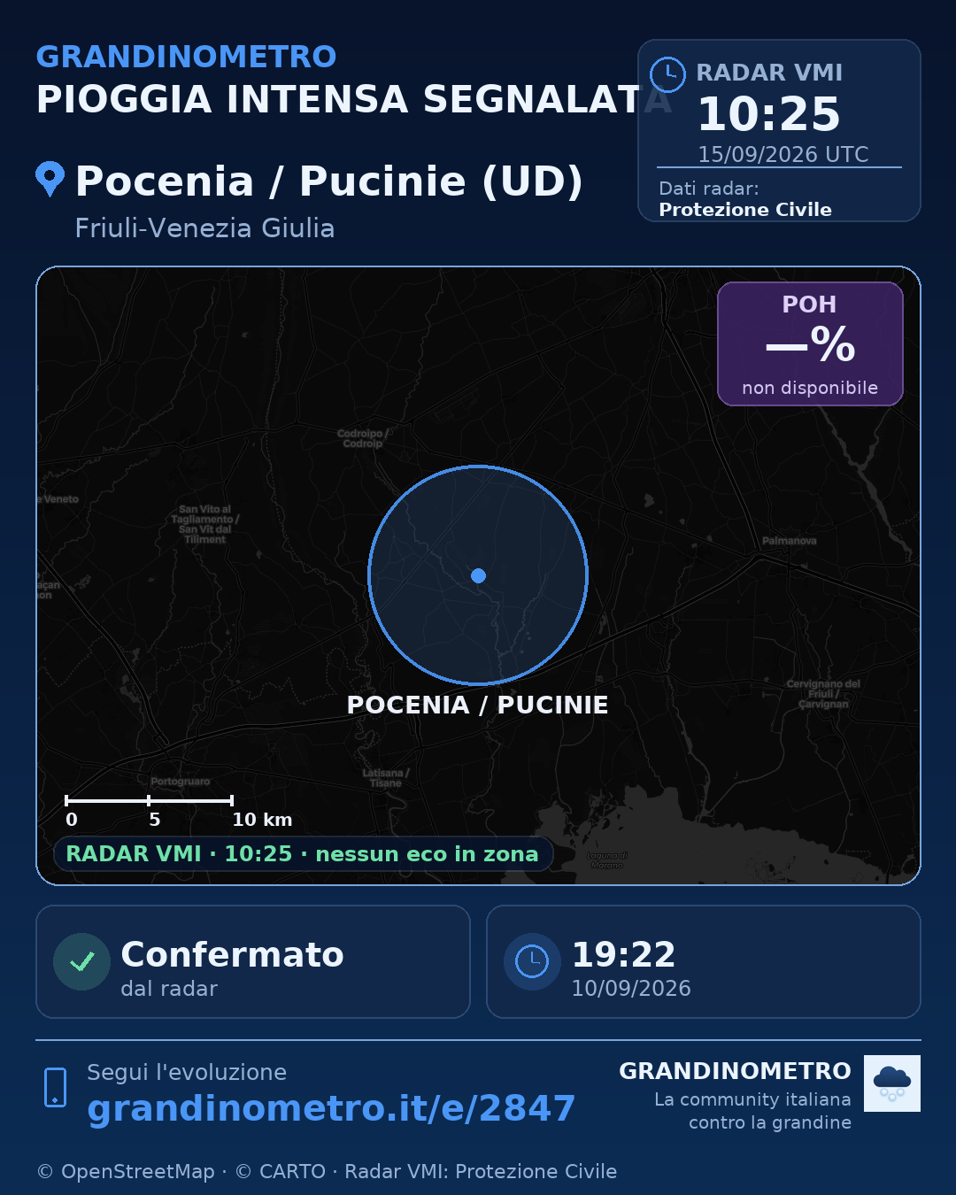Mappa dell'evento: pioggia intensa a Pocenia / Pucinie (UD)