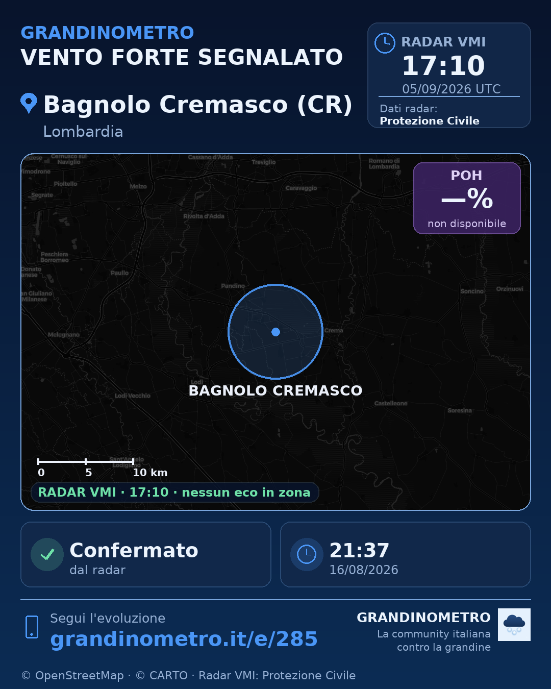 Mappa dell'evento: vento forte a Bagnolo Cremasco (CR)