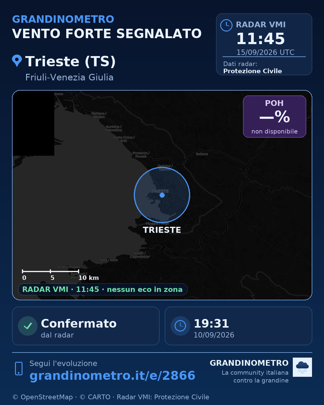 Mappa dell'evento: vento forte a Trieste (TS)