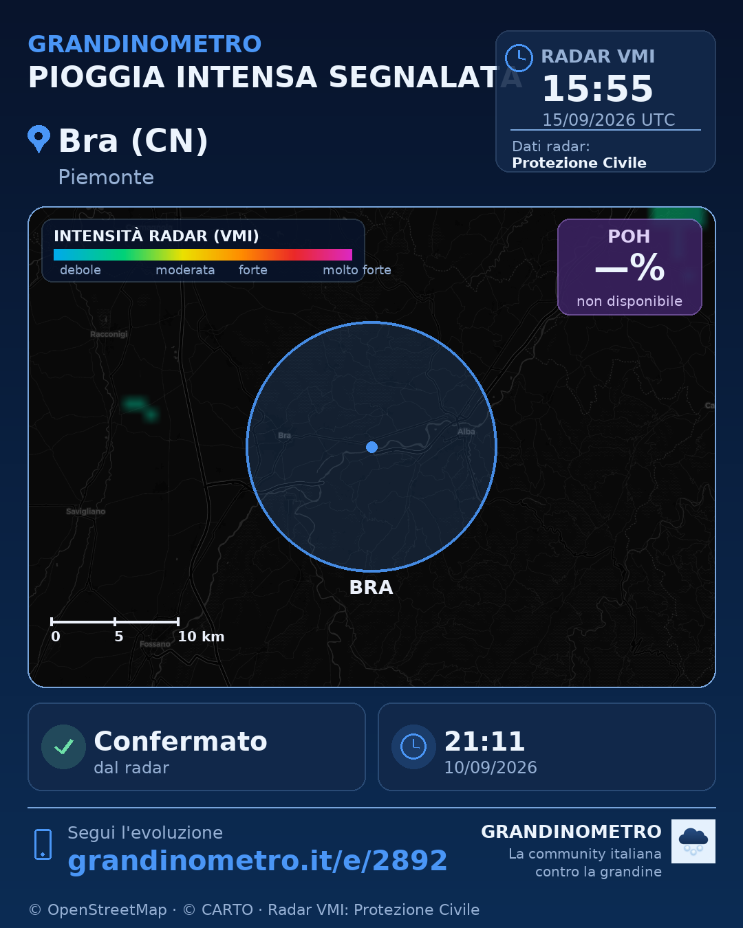 Mappa dell'evento: pioggia intensa a Bra (CN)