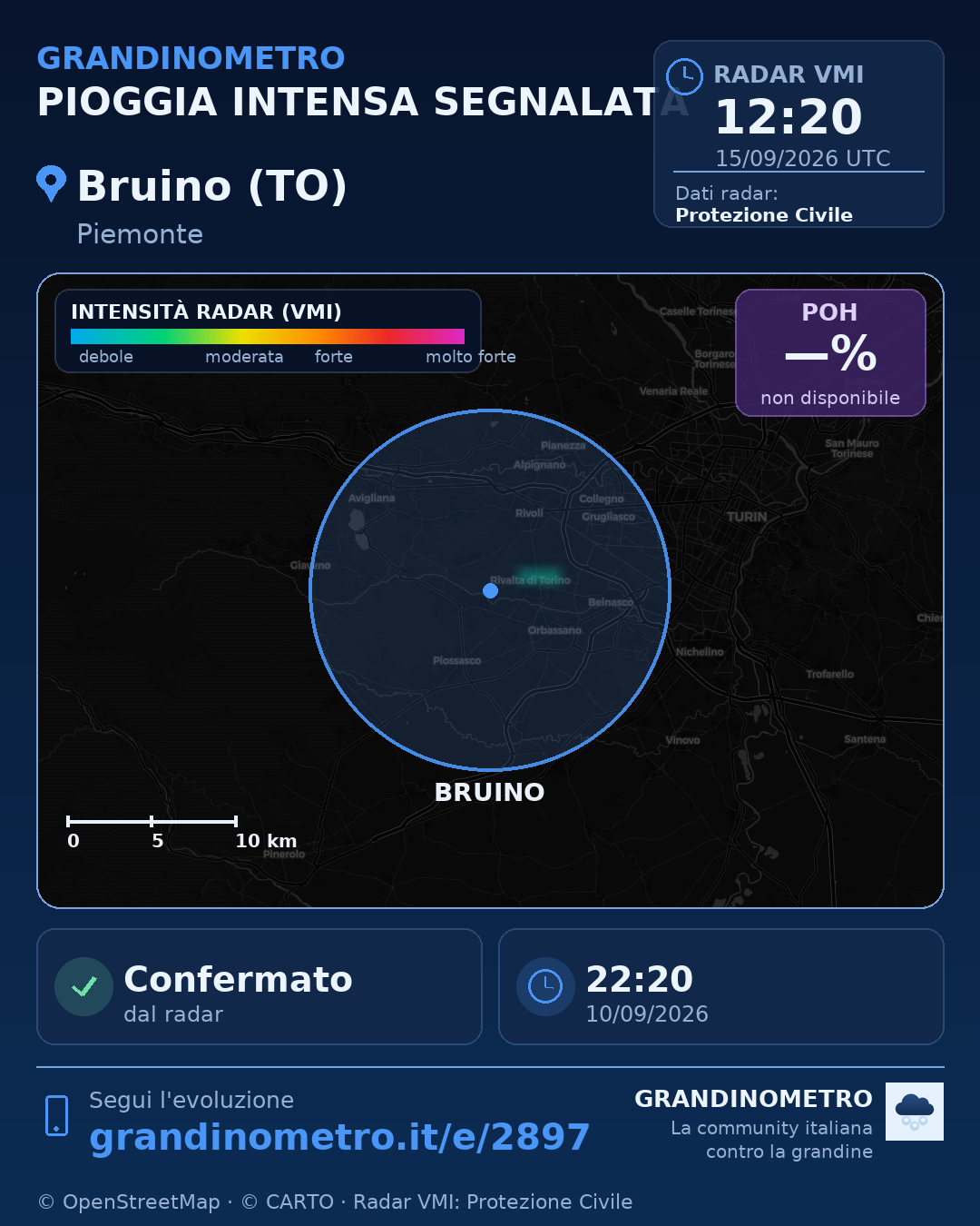 Mappa dell'evento: pioggia intensa a Bruino (TO)