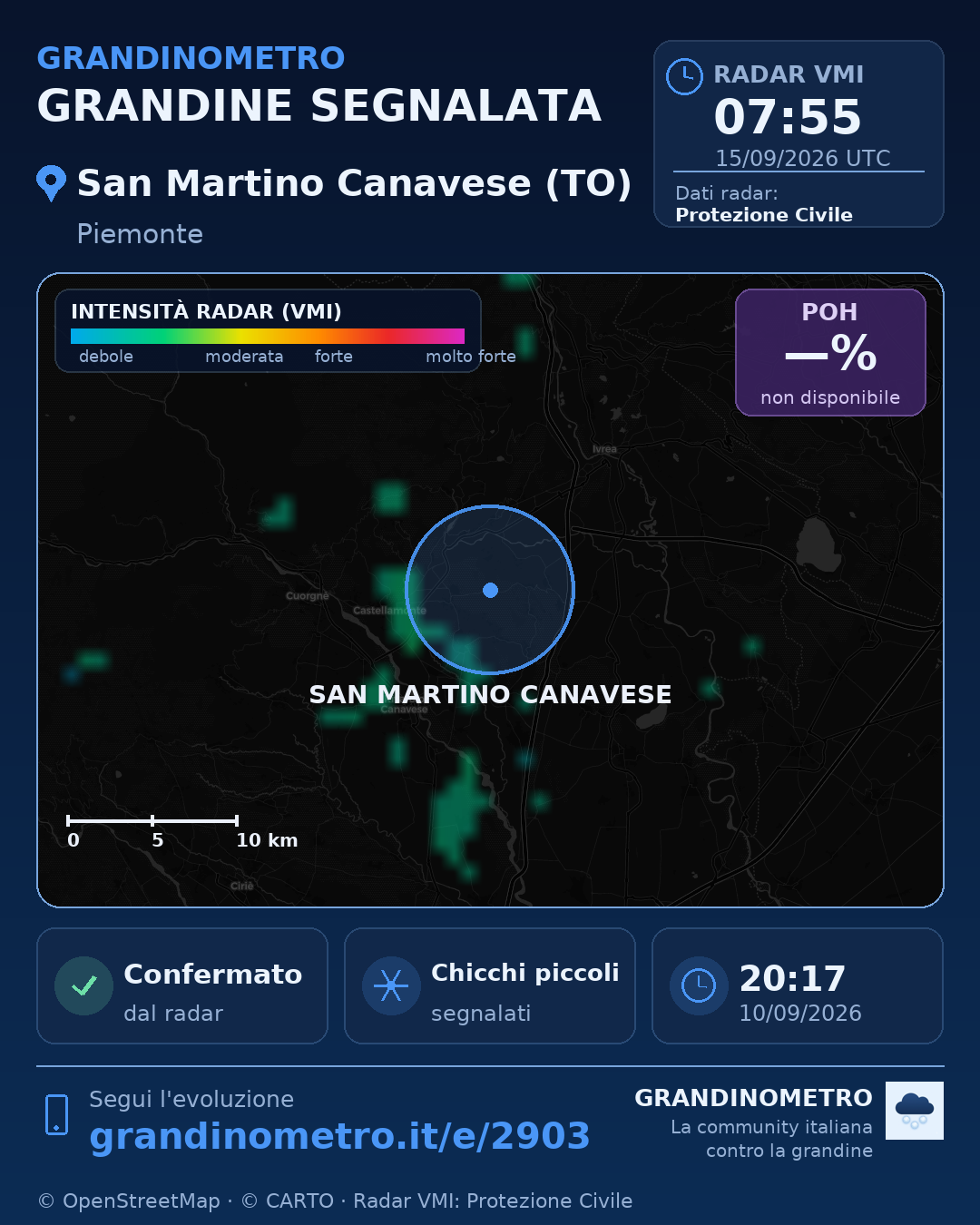 Mappa dell'evento: grandine a San Martino Canavese (TO)