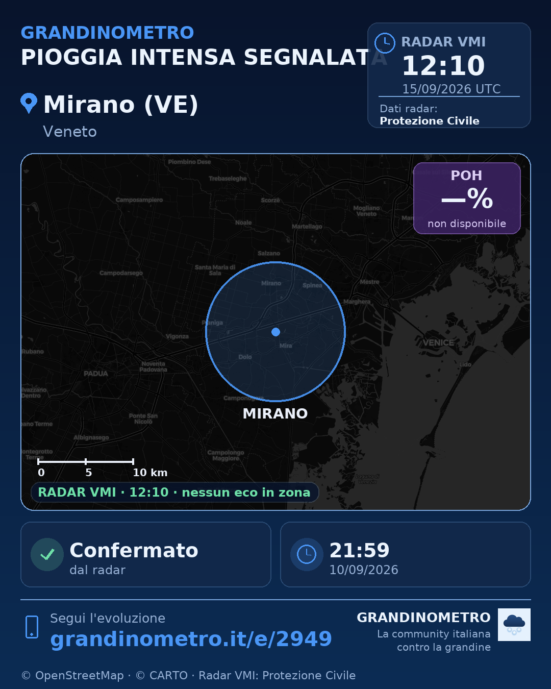 Mappa dell'evento: pioggia intensa a Mirano (VE)