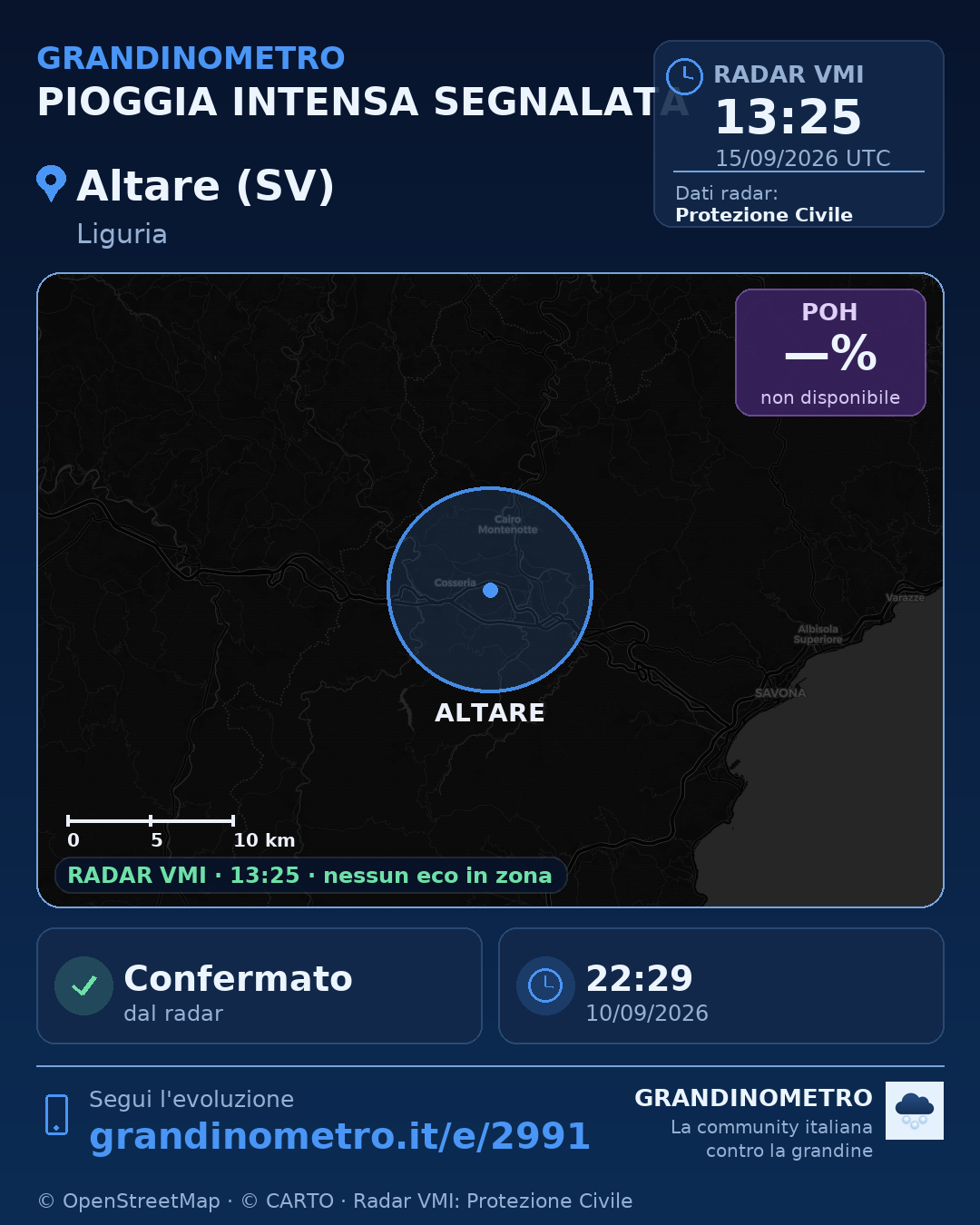 Mappa dell'evento: pioggia intensa ad Altare (SV)