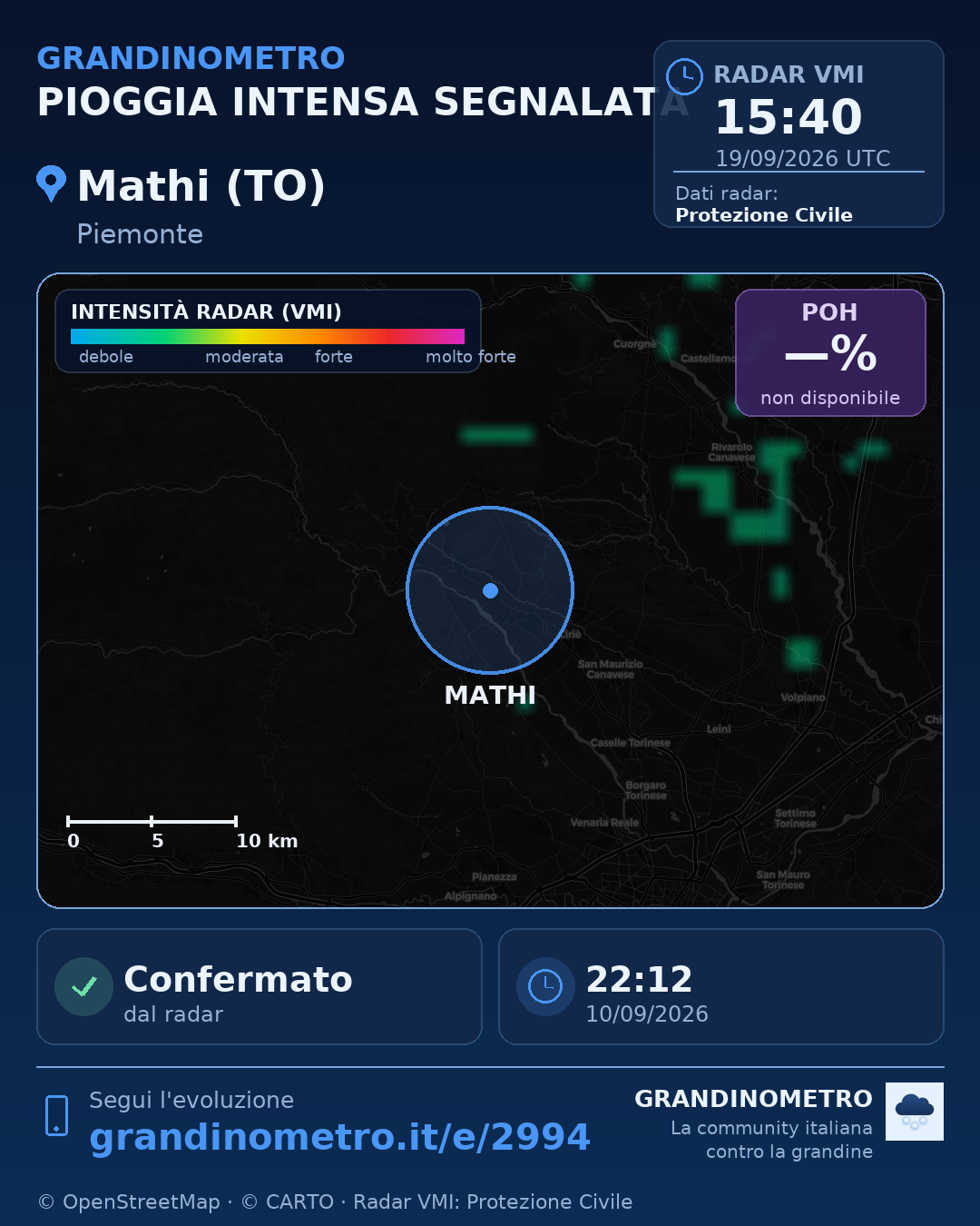 Mappa dell'evento: pioggia intensa a Mathi (TO)