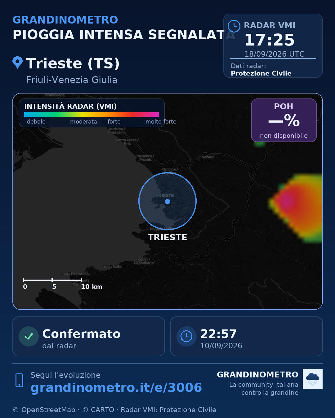 Mappa dell'evento: pioggia intensa a Trieste (TS)